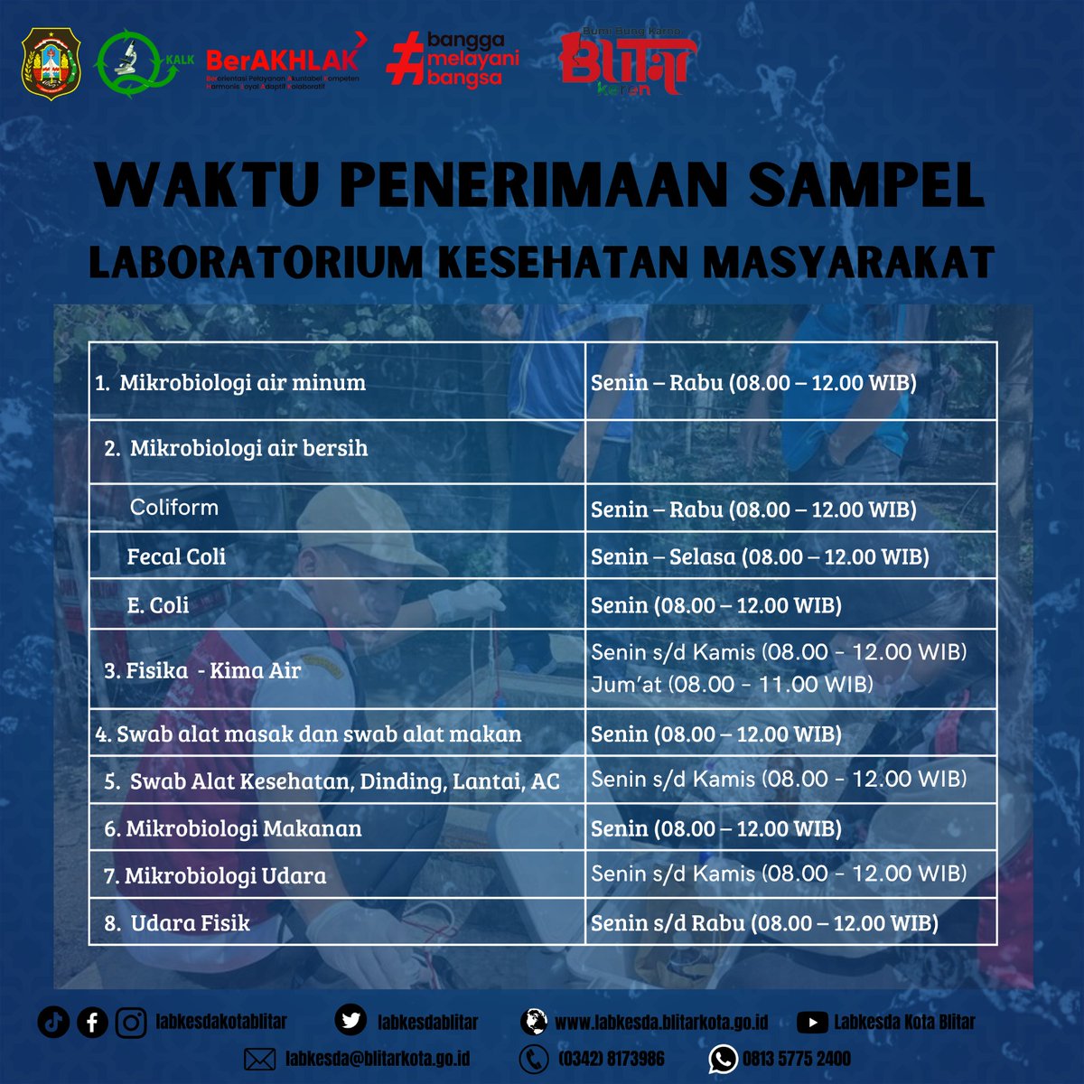 labkesdablitar's tweet photo. Selamat Rabu dengan semangat menggebu #sobatlabkesda 
Penerimaan sampel laboratorium kesmas di UPT Labkesda Kota Blitar sesuai waktu penerimaan ya #sobatlabkesda 

#labkesda #pemkot #dinkes #blitar https://t.co/BgFytx56hq
