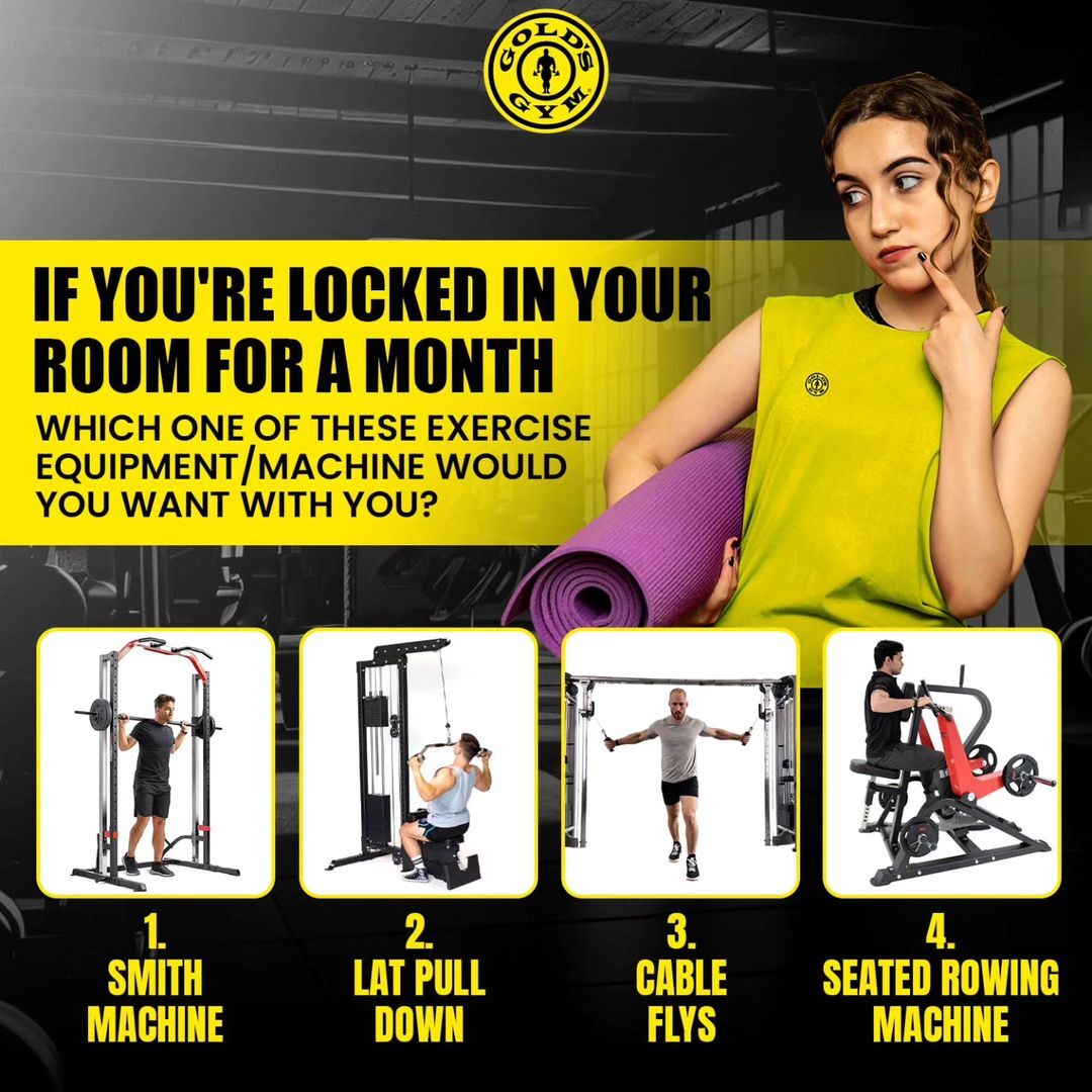 1 equipment.
1 month.
What's your pick and why? 🤔

[Workout, workout equipment, gym equipment, gym, Gold's Gym India, exercise]

#workout #workoutequipment #gymequipment #gym #GoldsGymIndia #exercise #smithmachine #latpulldown #cableflys #seatedrowingmachine