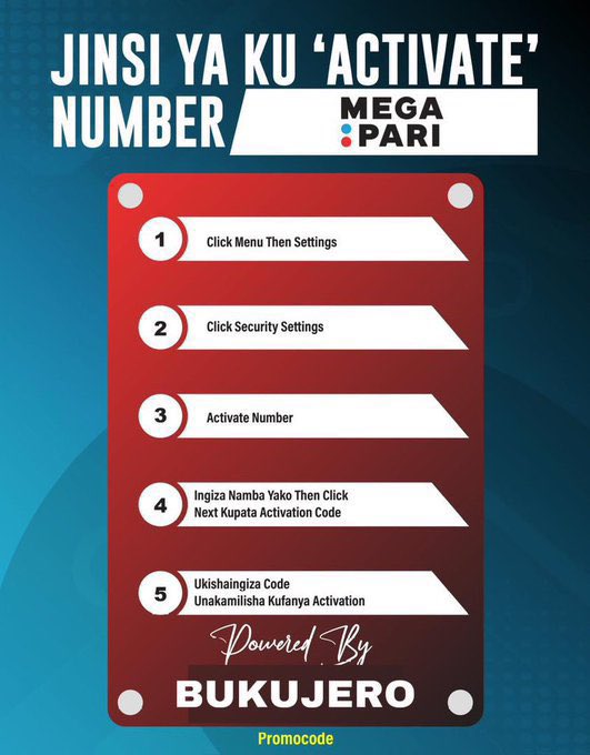 Pata bonus ya hadi 200% unapojisajili na Megapari leo

Kujisajili ni rahisi sana, bonyeza link hapa chini na jaza kitufe cha Promocode 📍

Link ya kujisajili: shorturl.at/eqx89
Promocode jaza: BUKUJERO

Chagua BUKUJERO chukua BONUS ZAKO 💰🏆🎁

Ku’activate namba ni rahisi👇