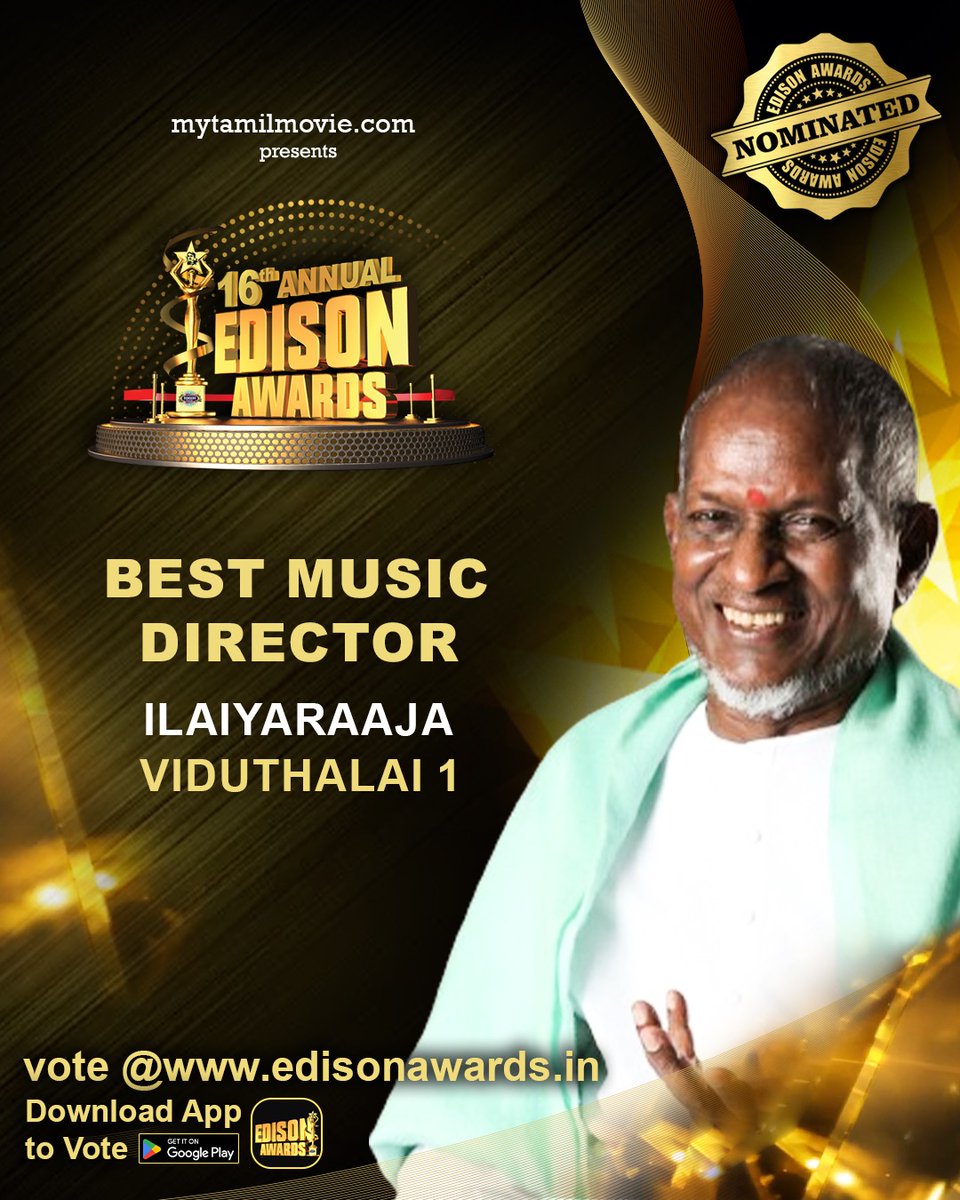 Vote for @ilaiyaraaja is nominated as 'BEST MUSIC DIRECTOR ' for #Viduthalai 1 at #16thAnnualEdisonAwards Vote 👉edisonawards.in To win tickets🎟️🎟️ Follow 👉 @edison_awards @sooriofficial @elredkumar @rsinfotainment @GrassRootFilmCo @RedGiantMovies_ @mani_rsinfo