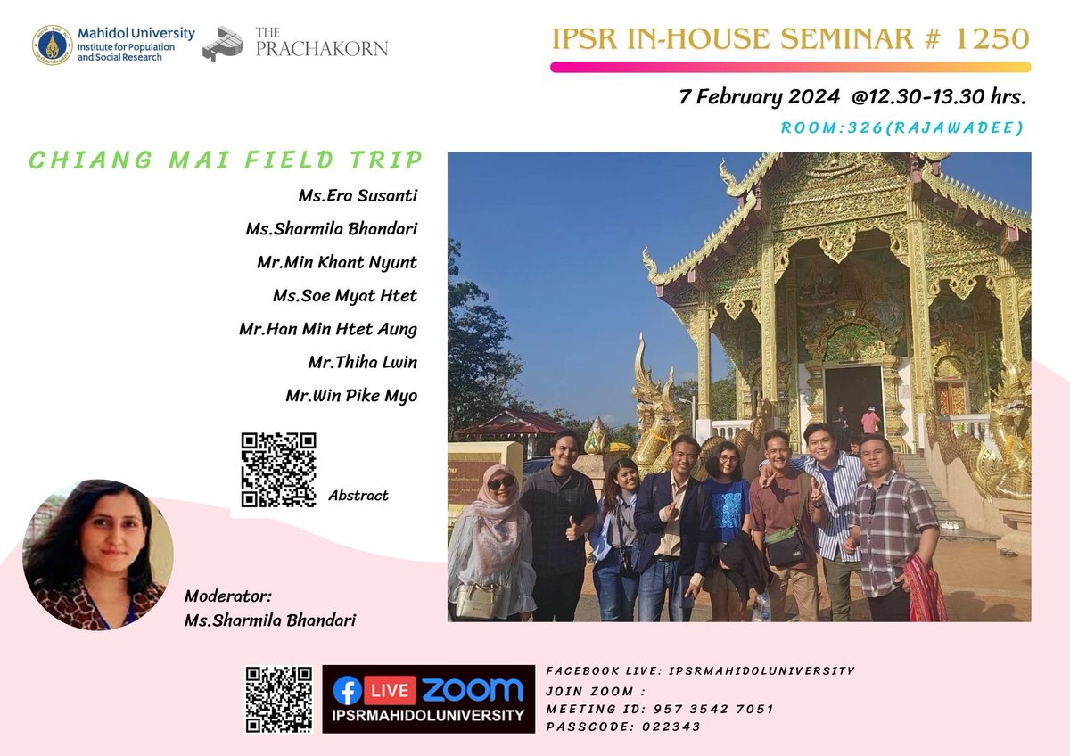 IPSR_MU's tweet image. 🎧#IPSR and online seminar on  7 Feb 2024 at 12.30-1.30 pm (ICT). 
Topic|  CHIANG MAI FIELD TRIP
Join via #FacebookLive :  facebook.com/IPSRMAHIDOLUNI…

#researchfield #research