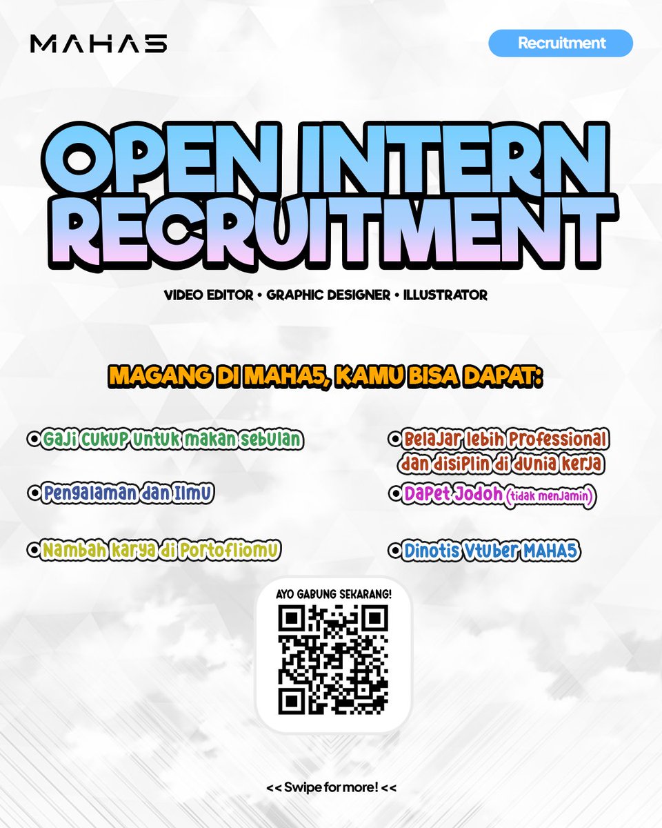 maha5official's tweet photo. 【OPEN INTERNSHIP MAHA5 2024】

🎨 Maha5 membuka pintu untuk para magang kreatif! Jika kamu memiliki passion dalam video editing, desain grafis, atau ilustrasi, inilah kesempatanmu! Segera kirimkan CV dan portofoliomu melalui google from ini atau qr code pada gambar post ini! Untuk penutupan perekrutan akan diinformasikan lebih lanjut.

🔗 https://t.co/rRIxBY1bXe