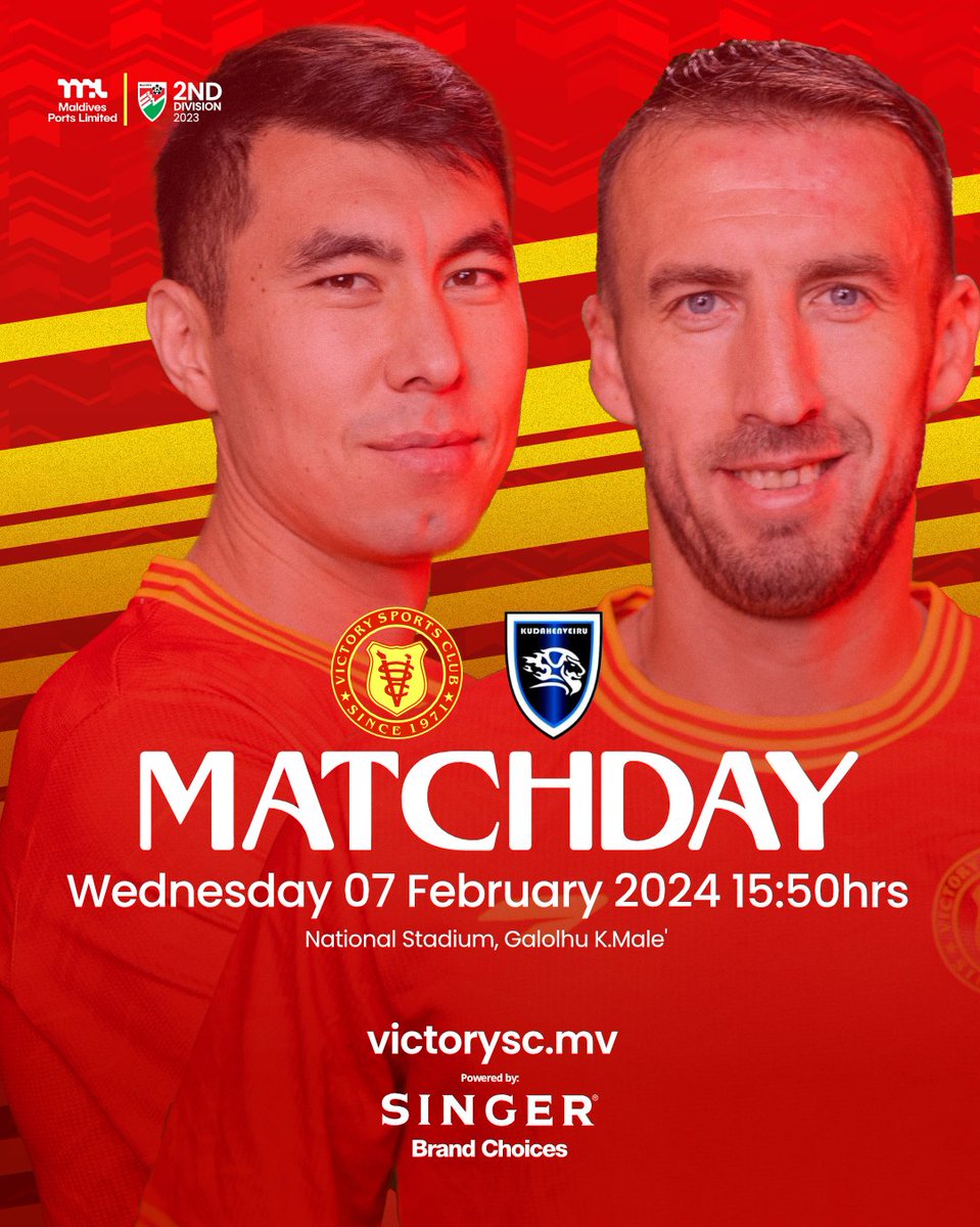 OfficialVscMv's tweet photo. MATCHDAY:
#VictorySportsClub vs #KudaHenveiru
π Wednsday, February 07 2024
π 15:50hrs
π National Stadium, Galolhu - Male'
.
#fam2nddivision2023 #seconddivision2023 #vscmv #VictorySC #thenamesaysitall #BrandChoices #SINGERMV https://t.co/SwmiPvutD3