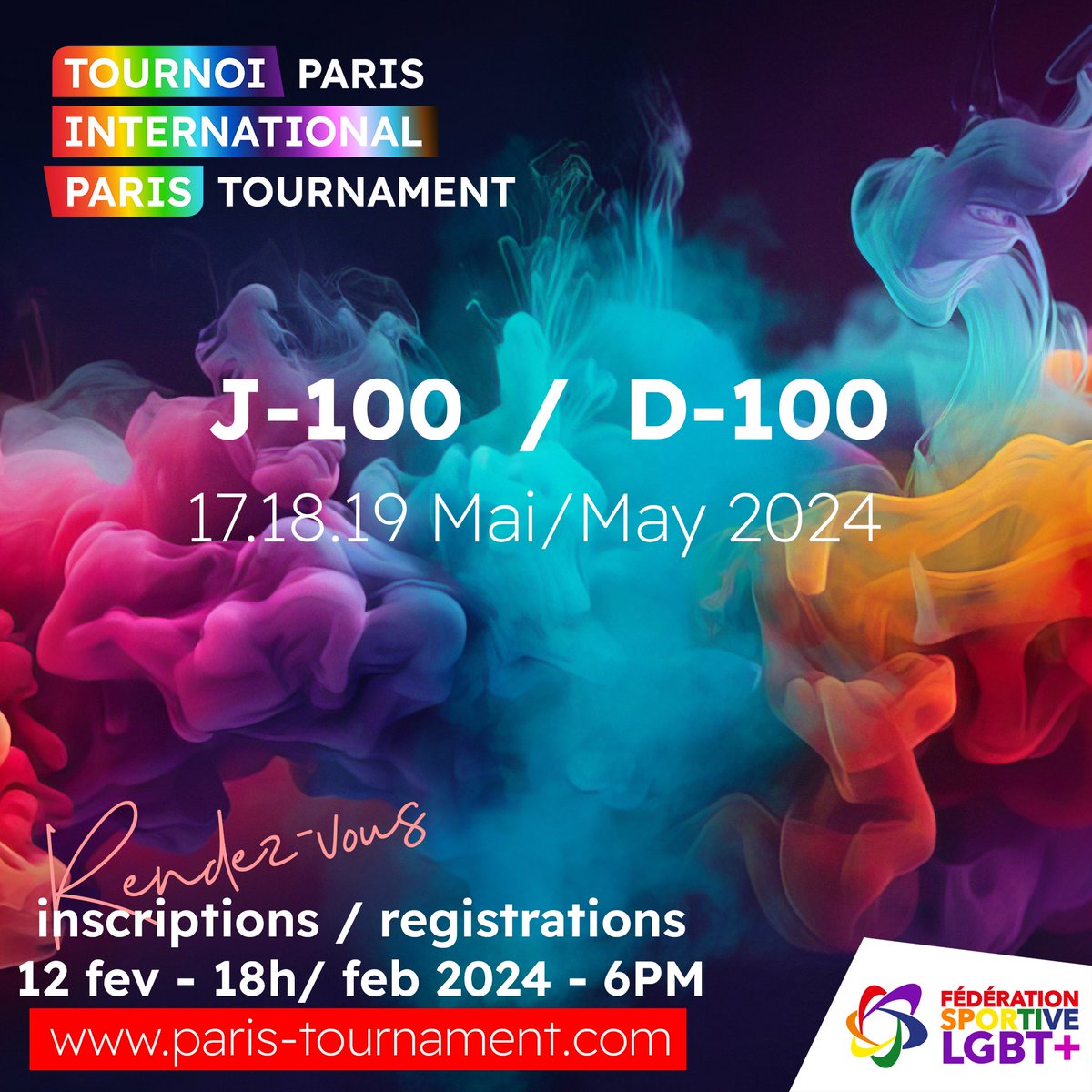 D - 100 before tournament!
Athlets, volunteers, visitors we are waiting for you for this amazing moment.

Registrations coming soon !!! February 12th - 6PM paris-tournament.com

@FS_LGBT
#sports #tournoi #Tournament #paris #LGBTQIA #inclusion #Respect #tolerance #TIP #TIP2024
