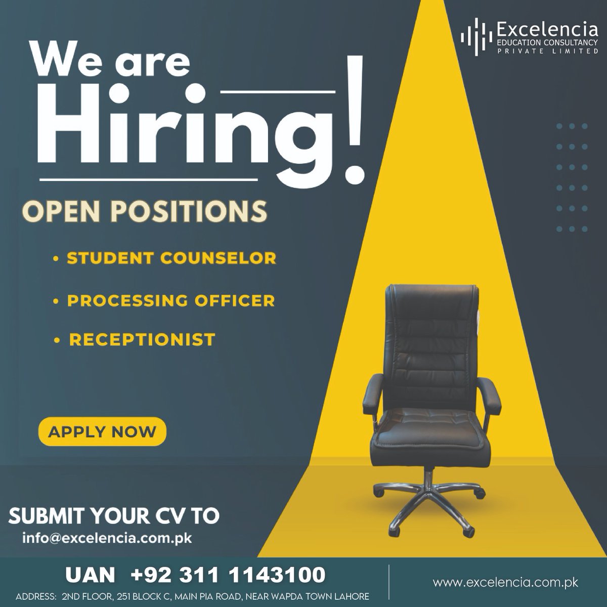 ExcelenciaEduc6's tweet photo. We're hiring and eager to welcome new talent to our team. 🌟 Send your CV our way and let's make great things happen together! #WeAreHiring #SendYourCV"

 Visit our Head Office:
251 Block C, Main PIA Road, Lahore, Pakistan
UAN: +92 311 1143100
Email: info@excelencia.com.pk https://t.co/5ADIeCRQ0S