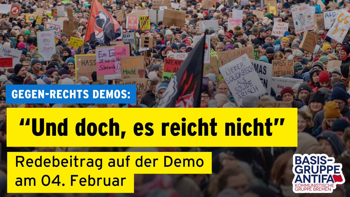 „Und doch, es reicht nicht.“. Folgenden Redebeitrag haben wir auf der antifaschistischen Demonstration am 04. Februar 2024 in #Bremen gehalten. An der Demo nahmen bis zu 25.000 Menschen teil. [...] Nach Monaten der gefühlten Apathie und Passivität, (1/7)