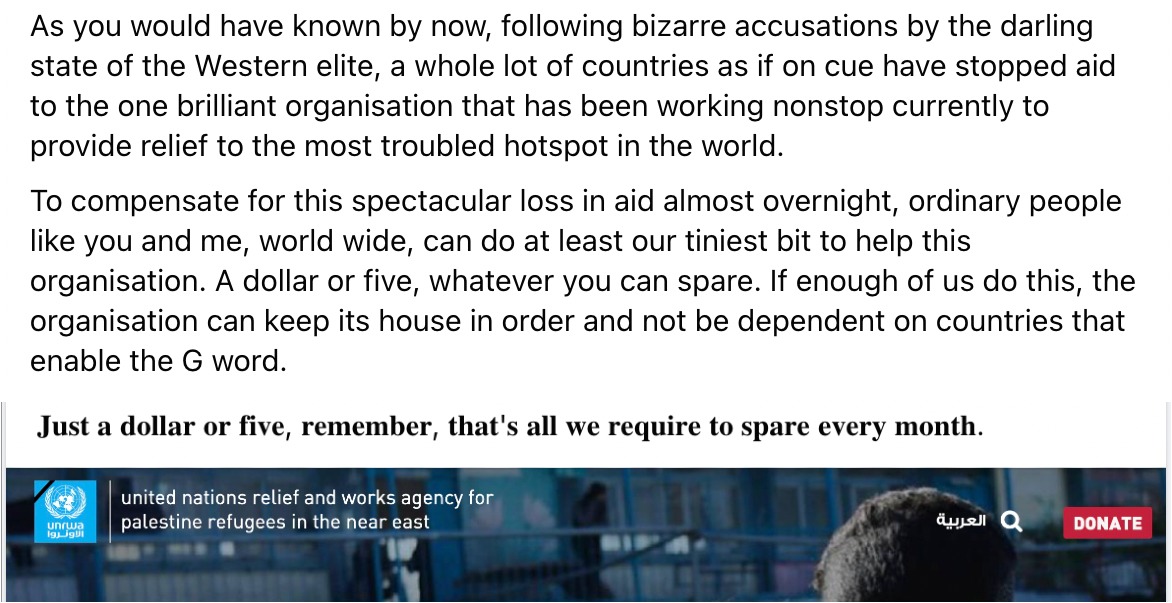 We are the World &amp; We Can Fund the #UNRWA. 1 dollar or 5, whatever you can spare. Do donate since the century's most shameless genocide is not ending anytime soon. unrwa.org/content/%E2%80…
<a href="/orko_basu/">Orko Basu</a> <a href="/vandanajoshi/">Vandana Joshi</a> <a href="/iramsubramanian/">Ram Subramanian</a> <a href="/Ram_Guha/">Ramachandra Guha</a> <a href="/nramind/">N. Ram</a> <a href="/MahuaMoitra/">Mahua Moitra</a> <a href="/pbmehta/">Pratap Bhanu Mehta</a> <a href="/ranjona/">ranjona banerji 🇮🇳</a>