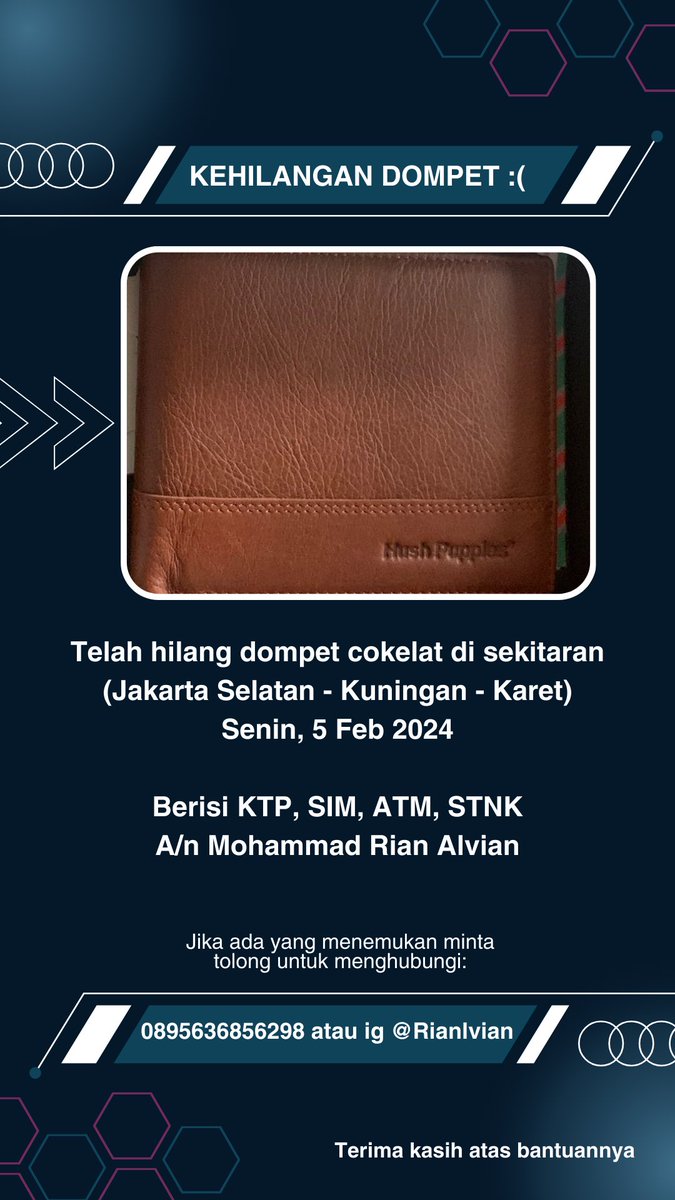 Boleh minta tolong admin? Tidakkah ada yang menemukan dompet ini? <a href="/KotaJaksel/">Kota Jakarta Selatan</a> <a href="/infojakarta/">@InfoJakarta</a> <a href="/infojakarta_id/">Info Jakarta</a> <a href="/KlikJakarta/">#infojakarta</a> <a href="/infojaksel_id/">Info Jakarta Selatan</a>  <a href="/DKIJakarta/">Pemprov DKI Jakarta</a> <a href="/txtdrjkt/">TXT DARI JAKARTA</a>