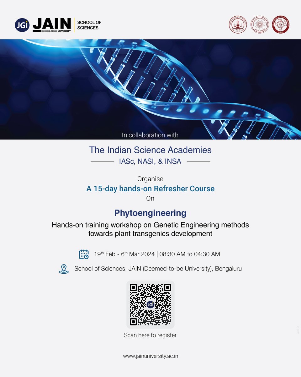 JainDeemedtbUnv's tweet photo. Elevate your skills with our free Phyto-Engineering Hands-on training workshop on Genetic Engineering methods towards plant transgenics development! 

Register now: https://t.co/G4AAIiP5dv

#JAINUniversity #WorkShop #Phytoengineering #Training https://t.co/AttRqomVy7