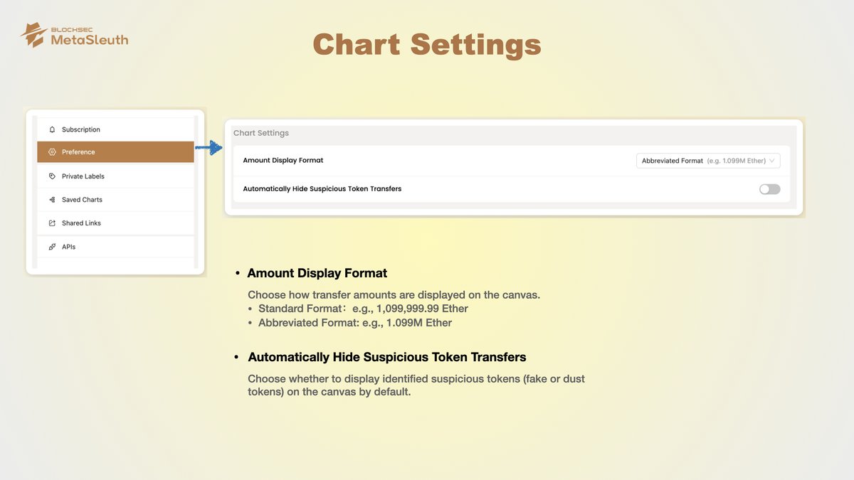MetaSleuth's tweet photo. #MetaSleuthTips Chart Settings
1️⃣ Optimize amount display: Switch to abbreviated mode for clear fund flow charts with large amounts.
2️⃣ Customize token visibility: Auto-hide suspicious tokens (fake/dust) we identify, keeping your canvas clutter-free. https://t.co/8IB7gOxxBi