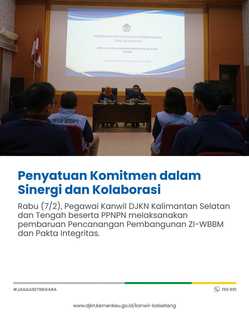 kanwildjknkst's tweet photo. Rabu (7/2), Seluruh Pegawai Kanwil DJKN Kalimantan Selatan dan Tengah melaksanakan penandatanganan komitmen membangun Zona Integritas Wilayah Birokrasi Bersih dan Melayani (ZI-WBBM) di ruang aula Antasari.
.
Kegiatan dibuka oleh Kepala Kanwil DJKN Kalimantan Selatan dan Tengah https://t.co/fALKTjVdLD