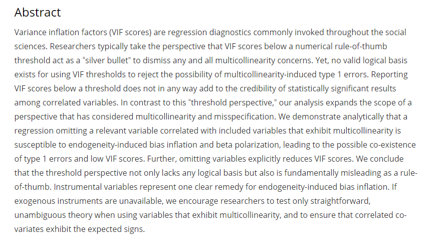 abhishekc_1983's tweet image. In #econometrics, to track multicollinearity, we rely a lot on Variance Inflation Factors. With this article, we need to ponder whether it makes sense to use it.
P.S. In Forecasting, the #multicollinearity issue is not prominent.
#econtwitter
Link: journals.sagepub.com/doi/10.1177/10…