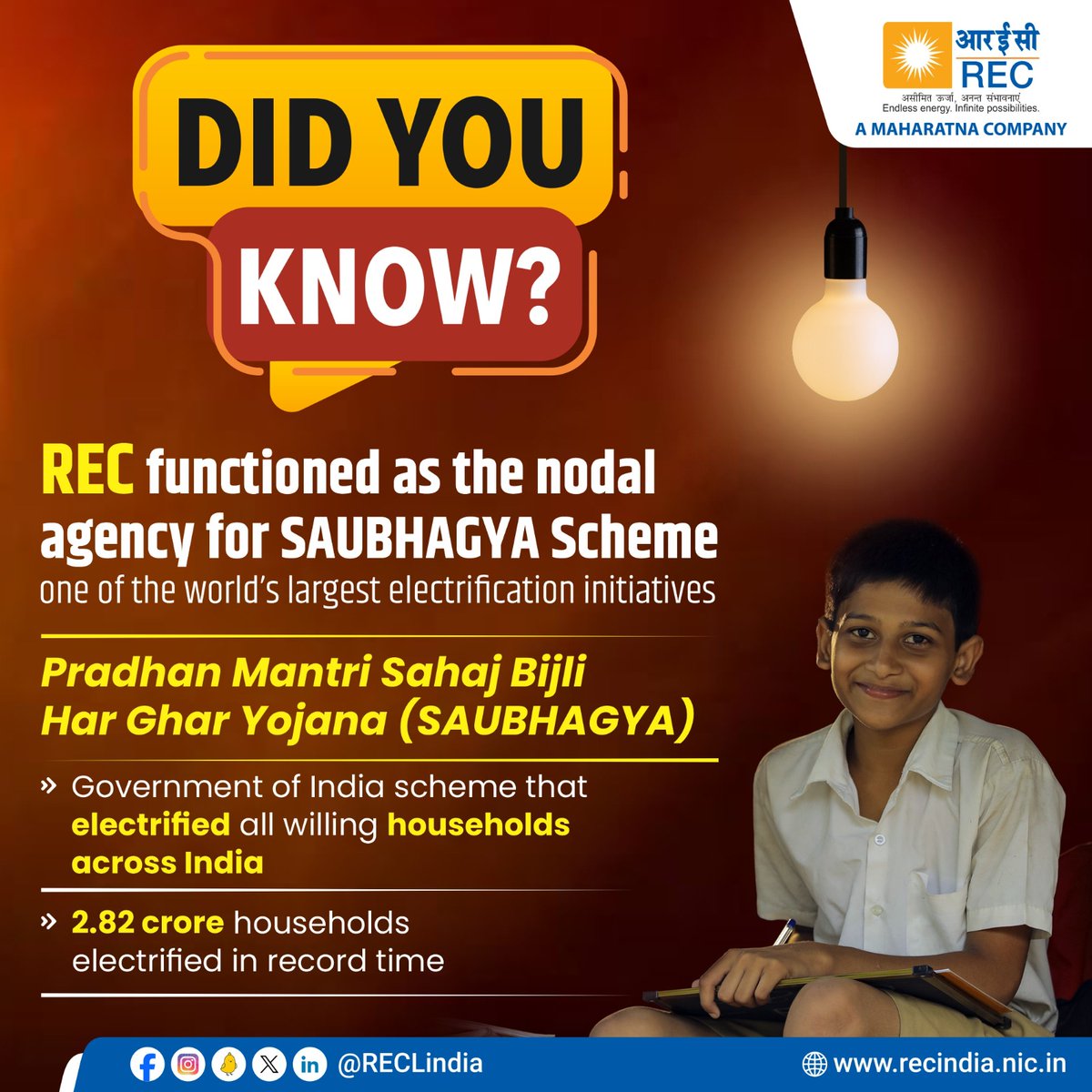 RECLindia's tweet photo. From far-flung villages to the heart of the nation, every willing household has been illuminated in a record time under the #SaubhagyaScheme. It is the largest universal electrification drive in the world.
#Saubhagya #SaubhagyaSuccess #PowerToAll
#LightingUpLives #ElectrificationDrive #REClimited #RuralEmpowerment #SustainableDevelopment
#GovernmentInitiative #IndiaShining #Rural_India #RecordElectrification #LastMileConnectivity
@grameenvidyut @MinOfPower @OfficeOfRKSingh @narayanantbjp @manoj445001 @Dnandinit @OfficialRECF @PMOIndia @NITIAayog