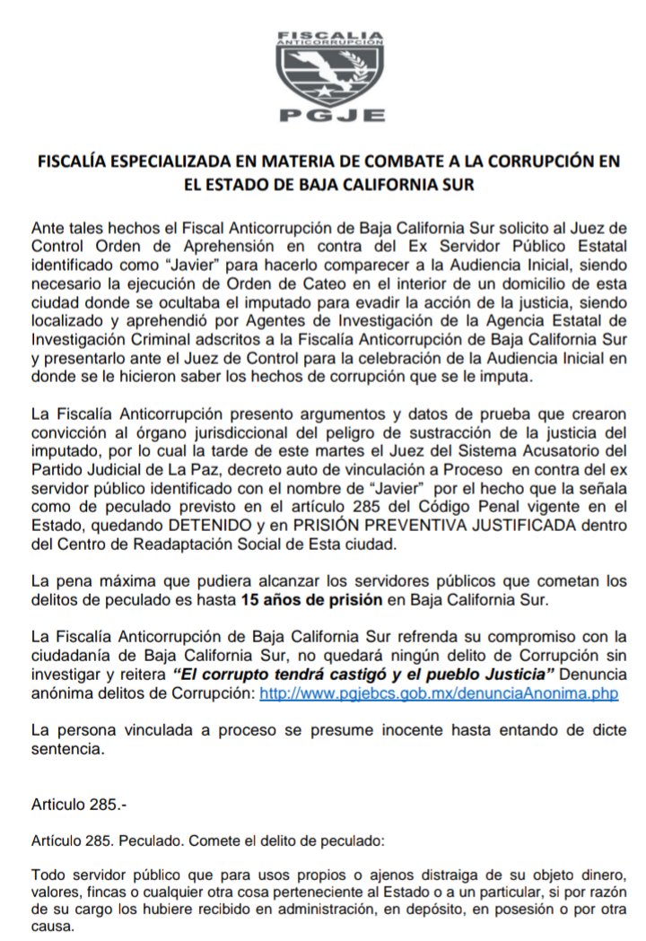 DICTAN AUTO DE VINCULACIÓN A PROCESO Y PRISIÓN PREVENTIVA JUSTIFICADA POR EL DELITO DE PECULADO EN CONTRA DEL EX JEFE DEL DEPARTAMENTO DE CONTABILIDAD DEL INSTITUTO DE VIVIENDA DE BAJA CALIFORNIA SUR 👇m.facebook.com/story.php?stor…