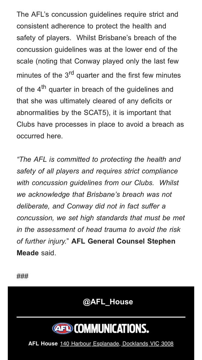 AFL fines Bris Lions $20K for “non-deliberate breach” of #AFL #concussion rules in #AFLW grand final. $10K suspended. . Sophie Conway’s “motor incoordination” seen by AFL medic . Lions Dr “did not see” message to remove her immediately . Conway ultimately cleared in SCAT5 test.