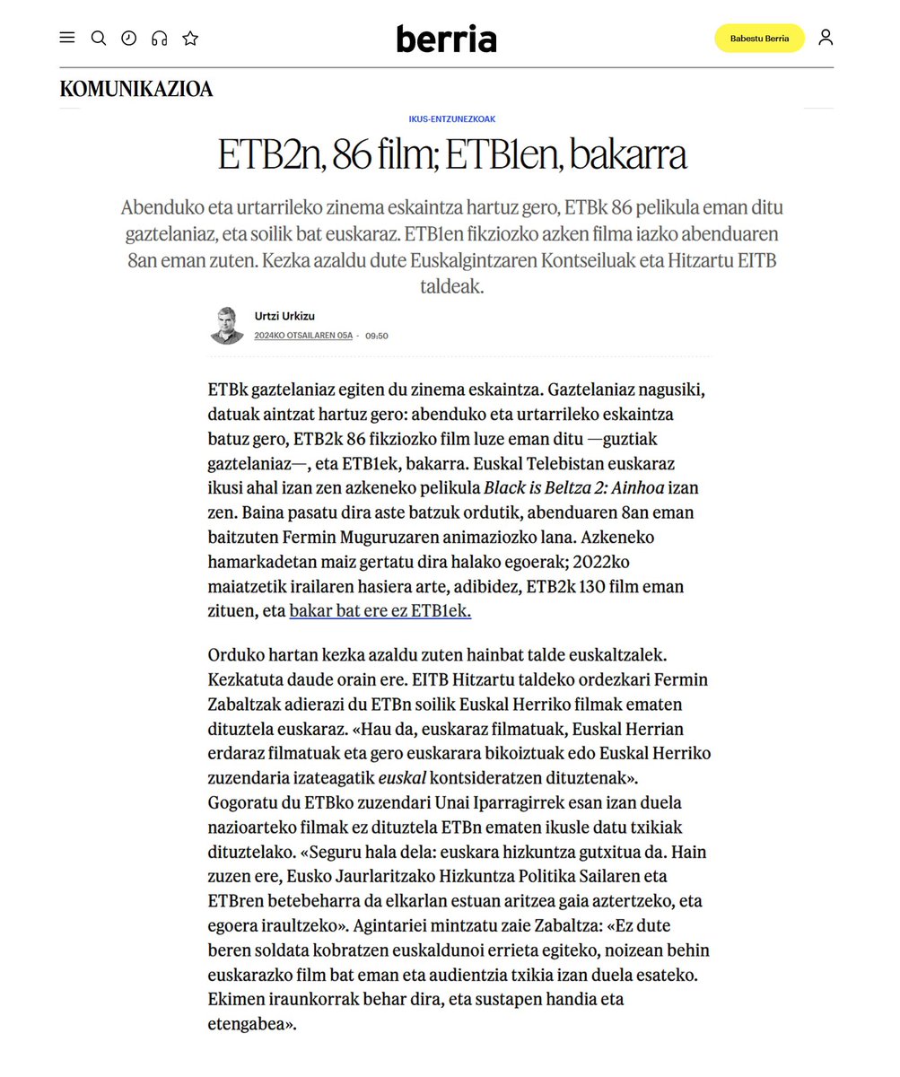 PantailakEusk's tweet photo. ⚠️ Hau guztiz onartzeina da. @eitbtaldea euskararen normalizazioan tresna eraginkorra izateko sortu zen, eta ezin du guztion diru publikoz gaztelerazko zinema sustatu. Nahikoa da, ikusentzunezkoak EUSKARAZ behar ditugu, @euskaltelebista. ⚠️ @AldatuGidoia #pantailakeuskaraz https://t.co/w01DZNoyCI