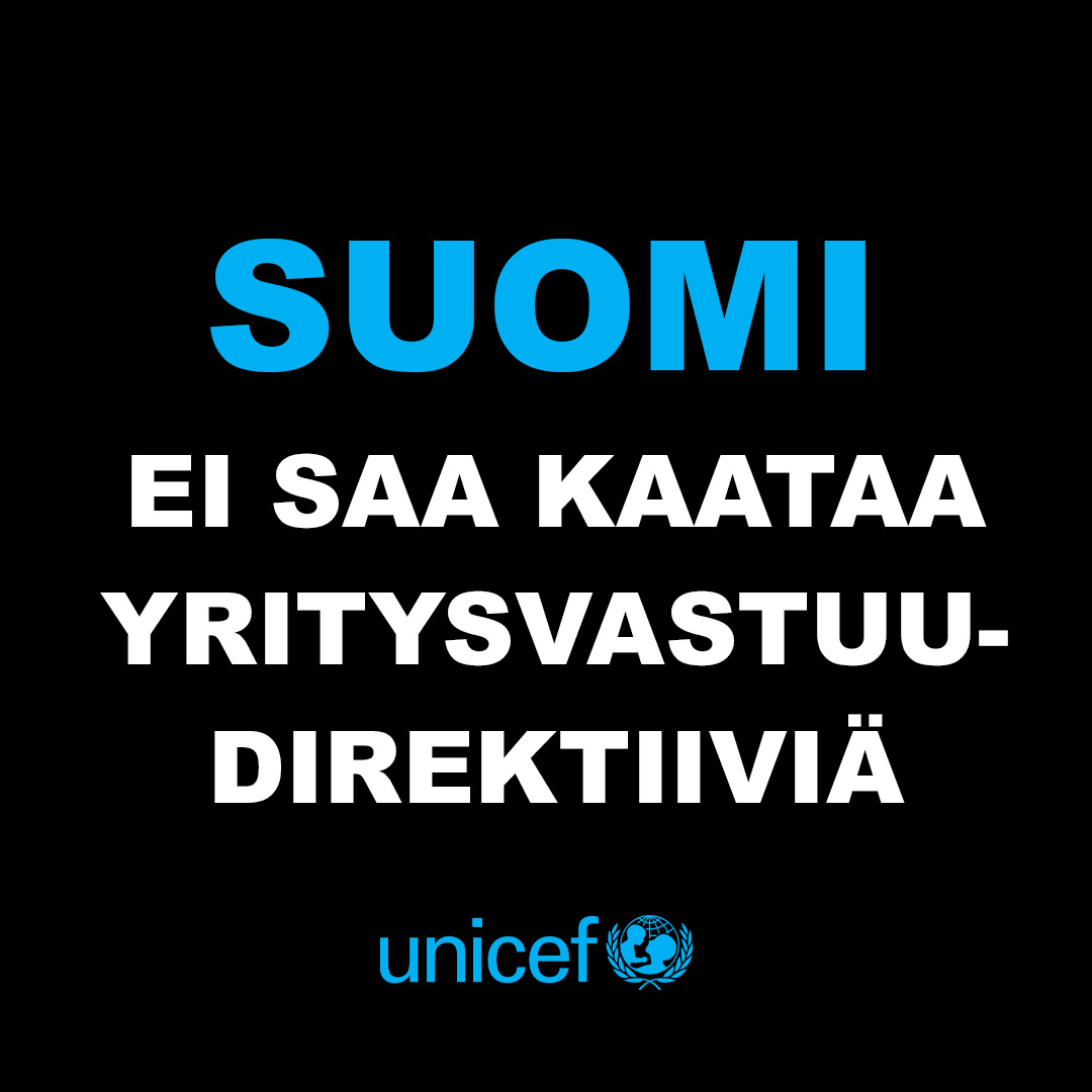 unicef_finland's tweet photo. #Yritysvastuudirektiivi on äärimmäisen tärkeä edistysaskel lapsen oikeuksien, ympäristön ja ilmaston puolesta. Suuren valiokunnan pj:t @heikkiautto, @LauraHuhtasaari, @Guzenina, varmistattehan, että valiokunta puoltaa direktiivin hyväksymistä.
#CS3D #LapsenOikeudet #yritysvastuu https://t.co/lzaX77i4SJ