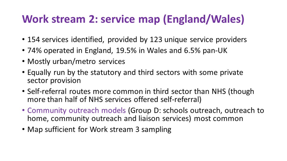 <a href="/camh_crisis2/">CAMH-Crisis2</a> <a href="/BlueprintMH/">Blueprint</a> <a href="/DBadenoch/">Douglas Badenoch</a> <a href="/NicolaEvans007/">Dr Nicola Evans</a> <a href="/gnaughton3/">Gordon Naughton</a> <a href="/McPinFoundation/">The McPin Foundation</a> <a href="/MHNProfSteven/">Steven Pryjmachuk</a> The service mapping stage found 154 services, provided by 123 different providers.

Most were urban, with NHS, third sector and some private sector provision

Community outreach models were the most common.

#CAMHSsmallsteps