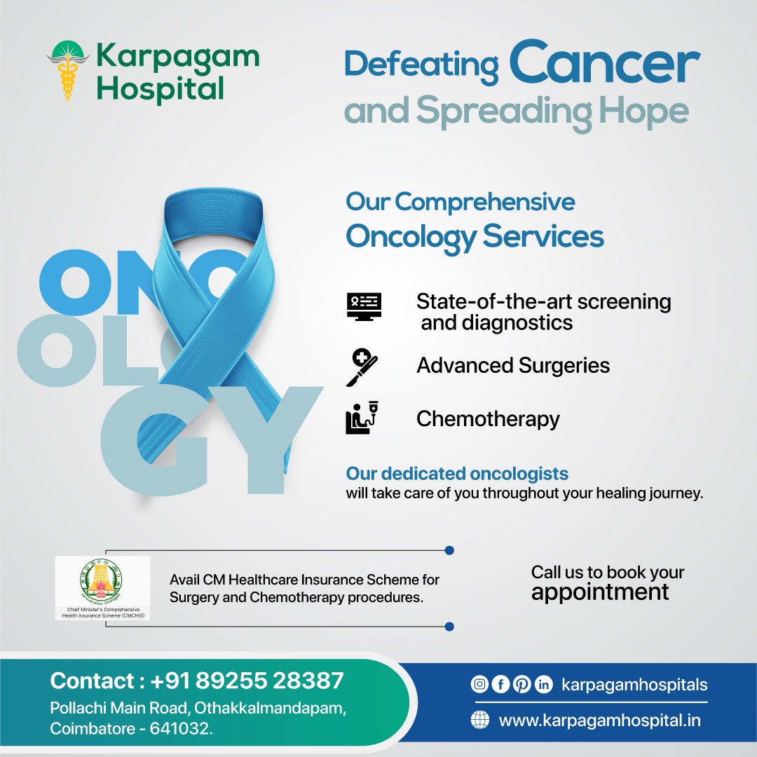 Cancer is one of the deadliest diseases that affects both the physical health and mental health of the patient. At Karpagam Hospital, we offer advanced care, surgeries, and treatments for patients with cancer and help them lead a healthier life.  
#OncologyExcellence #CancerCare