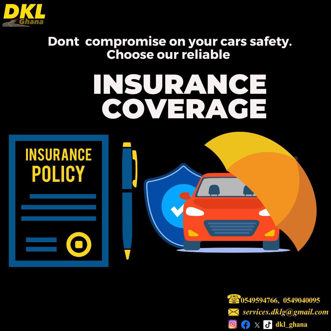 Don’t compromise your car’s safety! Choose our reliable insurance car 🚗 🚘 coverage .
Process your Third-party or comprehensive insurance with us at DKL.

Call or send us a DM☎️: 054 9594766 or 0540406819. 

#dklghana
#carrentals 
#cartracking
#motorsales 
#carinsurance