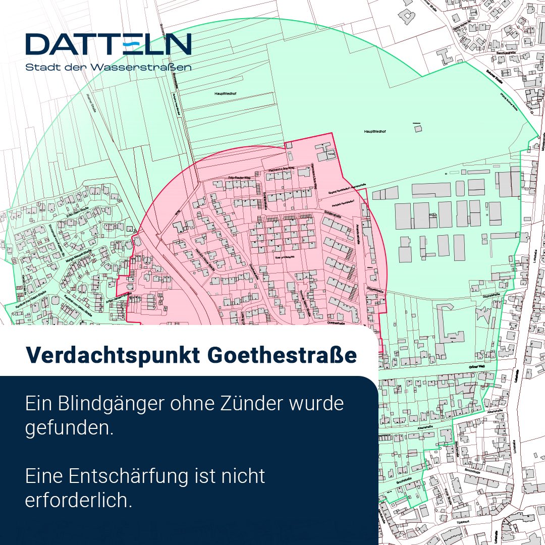 SDatteln's tweet photo. Verdachtspunkt Goethestraße: Blindgänger hat keinen Zünder mehr. Es muss also keine Entschärfung stattfinden. Schönen Tag noch! https://t.co/4c7MJqnOni