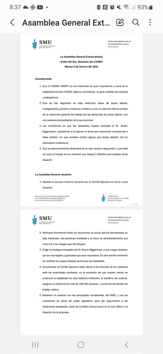 Multitudinaria asamblea del SMU se planta firme contra el acoso, persecusión y despidos, por amplísima mayoría. Más de 700 médicos y médicas reunidos para defender la profesión y el trabajo. Un claro mensaje para todo el sector.