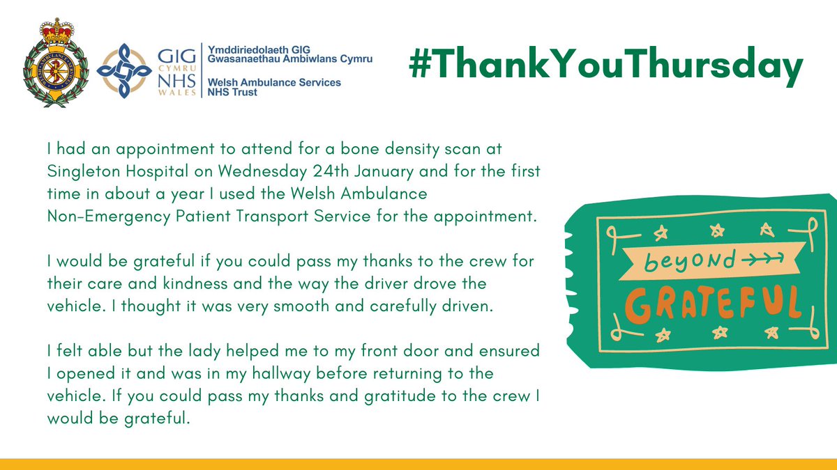 Thanks are shared today for the Non-Emergency Patient Service <a href="/WelshAmbulance/">Welsh Ambulance</a>. 

A grateful service user praises the crew for their care, kindness and for a "very smooth" and careful ride.

#ThanksDrive #ThankYouThursday #AmbulanceCare #TeamWAST