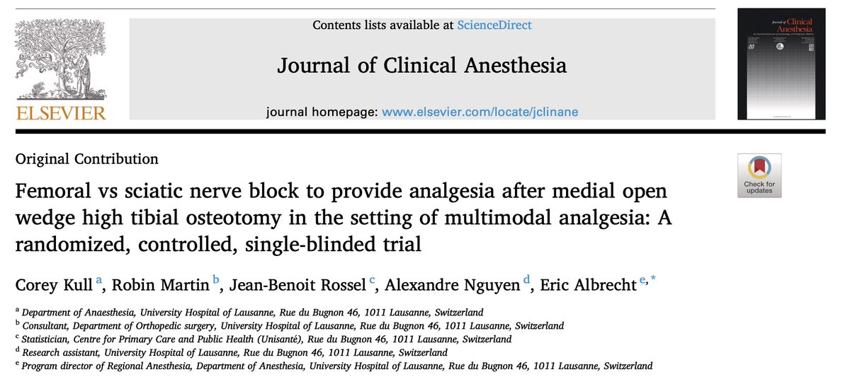 After medial open wedge high tibial osteotomy (MOW HTO) under GA with MMA, both femoral and sciatic nerve blocks provide  analgesia. Proud to publish our last RCT performed at the Lausanne University Hospital shorturl.at/ipGST Thx to the whole team for the great work.