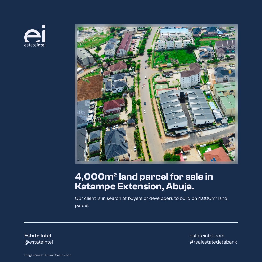 Our client is looking for a buyer or developer to build on a 4,000 sqm parcel of land in Katampe Extension, Abuja.

Reach out to us via email at capitaladvisors@estateintel.com for more information.