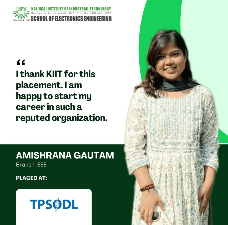 KiitSoe's tweet photo. Amishrana Gautam shares her experience of his transformative journey at the School of Electronics Engineering, KIIT, and how it helped her get into the corporate world.
We Congratulate her on her Placement!
#electronicskiit #Placement2023 #electronicsengineering https://t.co/I1d4u821si