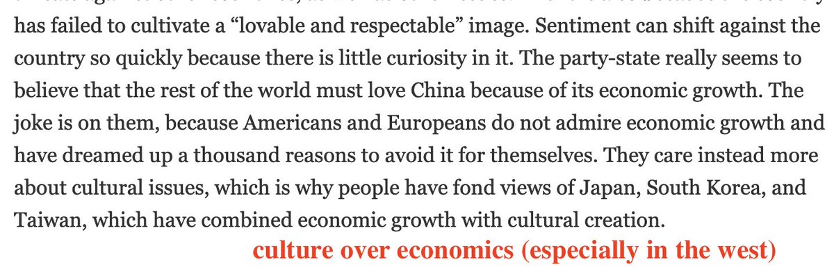 China has failed to make itself 'lovable and respectable' in part because it has almost zero soft-power. China has developed no large scale cultural exports that appeal to the world. The world has little curiosity in China because it has so little non-economic contact with China.