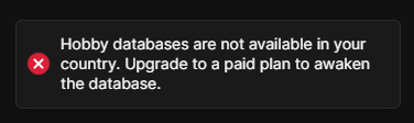 YBooouz's tweet photo. @planetscalehelp hi, I sent a support ticket I need to follow up on urgently please.

I have a database on hobby plan for a while now. I added a card as requested but I still cannot wake up the database; I am receiving this message. https://t.co/AgB0x3iJu2