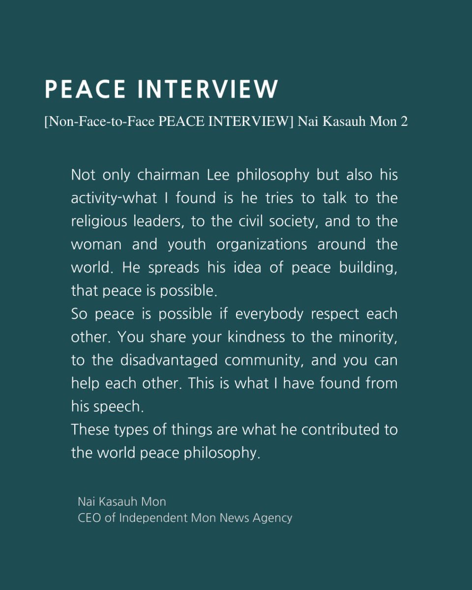 DgHwpl's tweet photo. #PEACEINTERVIEW
Through Kasauh Mon, CEO of Independent Mon News Agency, we hear various and practical stories about the situation in Myanmar and how the activities of the HWPL are affecting.
https://t.co/VWDvCN86QK
#HWPL #LawforPeace  #PeaceEducation 
#PeaceJournalism #Myanmar https://t.co/UStnLxX1ky