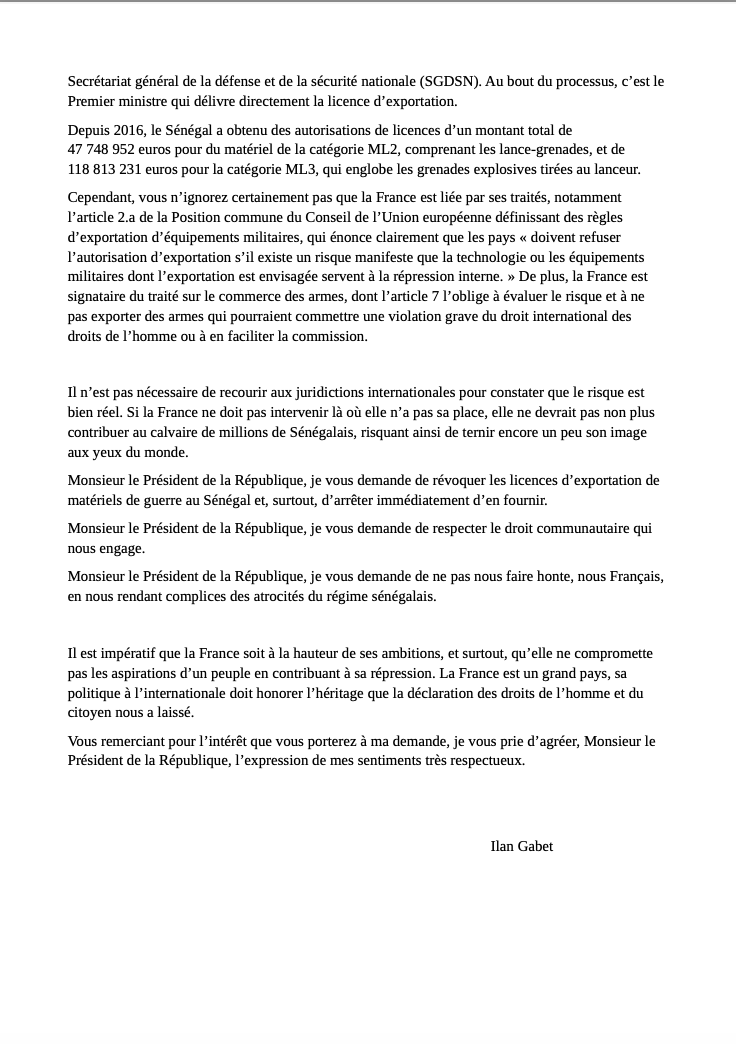 Ilangabet's tweet photo. J'ai écrit à @EmmanuelMacron pour demander de cesser de nous rendre complices des atrocités du régime sénégalais en lui vendant du matériel de guerre.

Si la France ne doit pas intervenir où elle n’a pas sa place elle ne doit pas contribuer au calvaire de millions de Sénégalais. #FreeSenegal