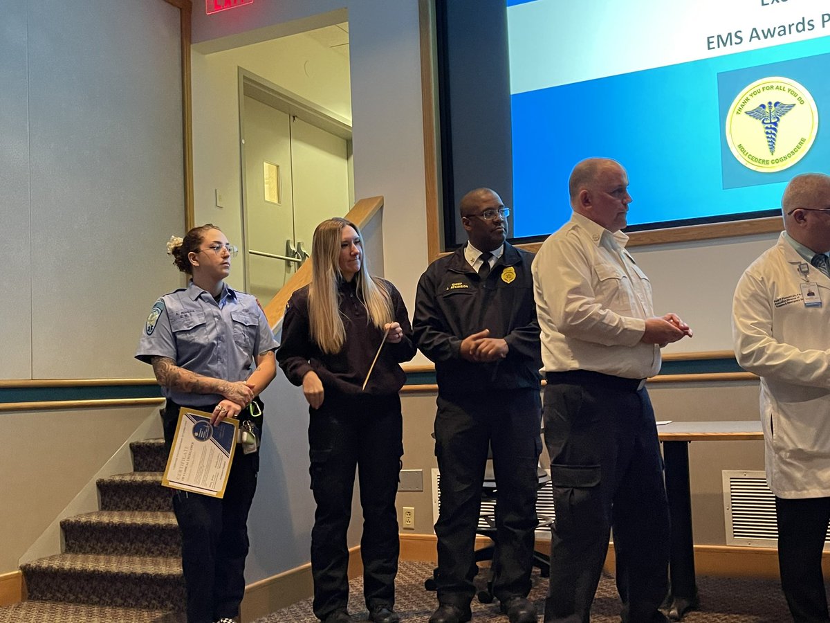 StratfordEMS1's tweet photo. congratulations to our staff recognized by Bridgeport Hospital for Excellence in Clinical Care last night. Medics Egan & Maull, EMT Rivera and Stratford FD for their strong work on a cardiac arrest and and on a STEMI! Great work by all! #stratfordems #sems #svemsa #semstec https://t.co/fVUEf3fxYC