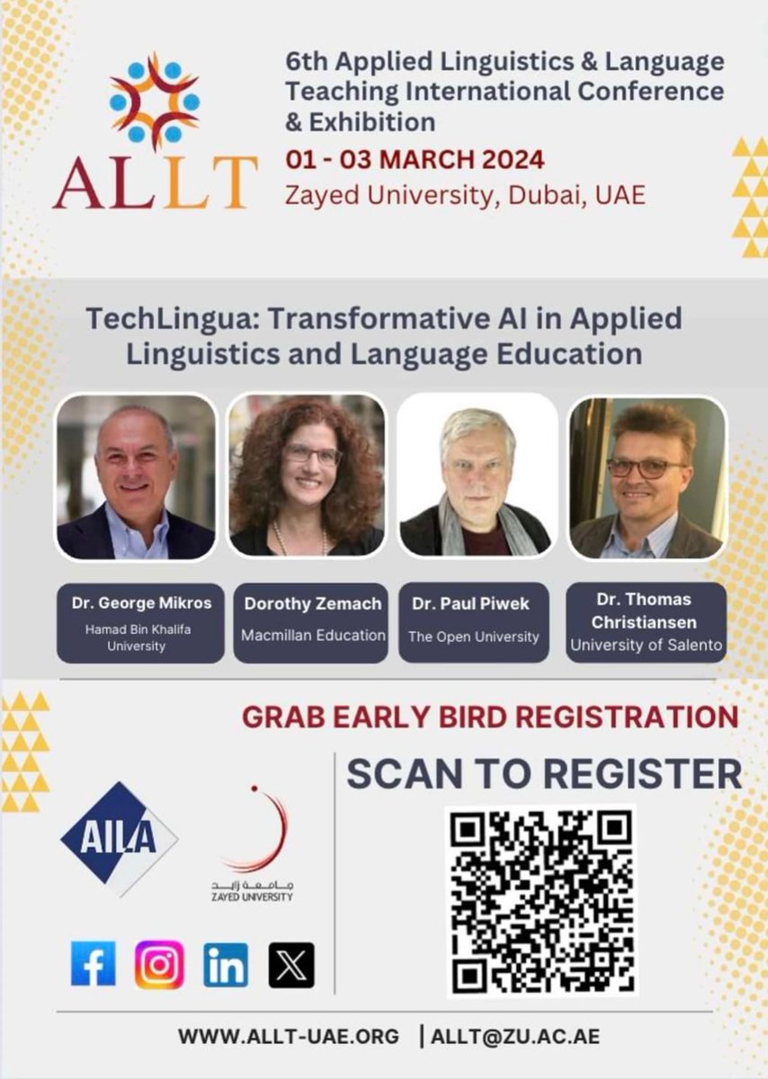 ALLTGulf's tweet photo. Discounted early bird registration for ALLT 2024 is available until February. To register: https://t.co/kzCOnsP1G1. 
Special discounts are available for full-time graduate students. 
For training sessions, please visit https://t.co/Q2w9A7zDoP. 
For queries:  ALLT@ZU.AC.AE. https://t.co/uldHLWwO1W