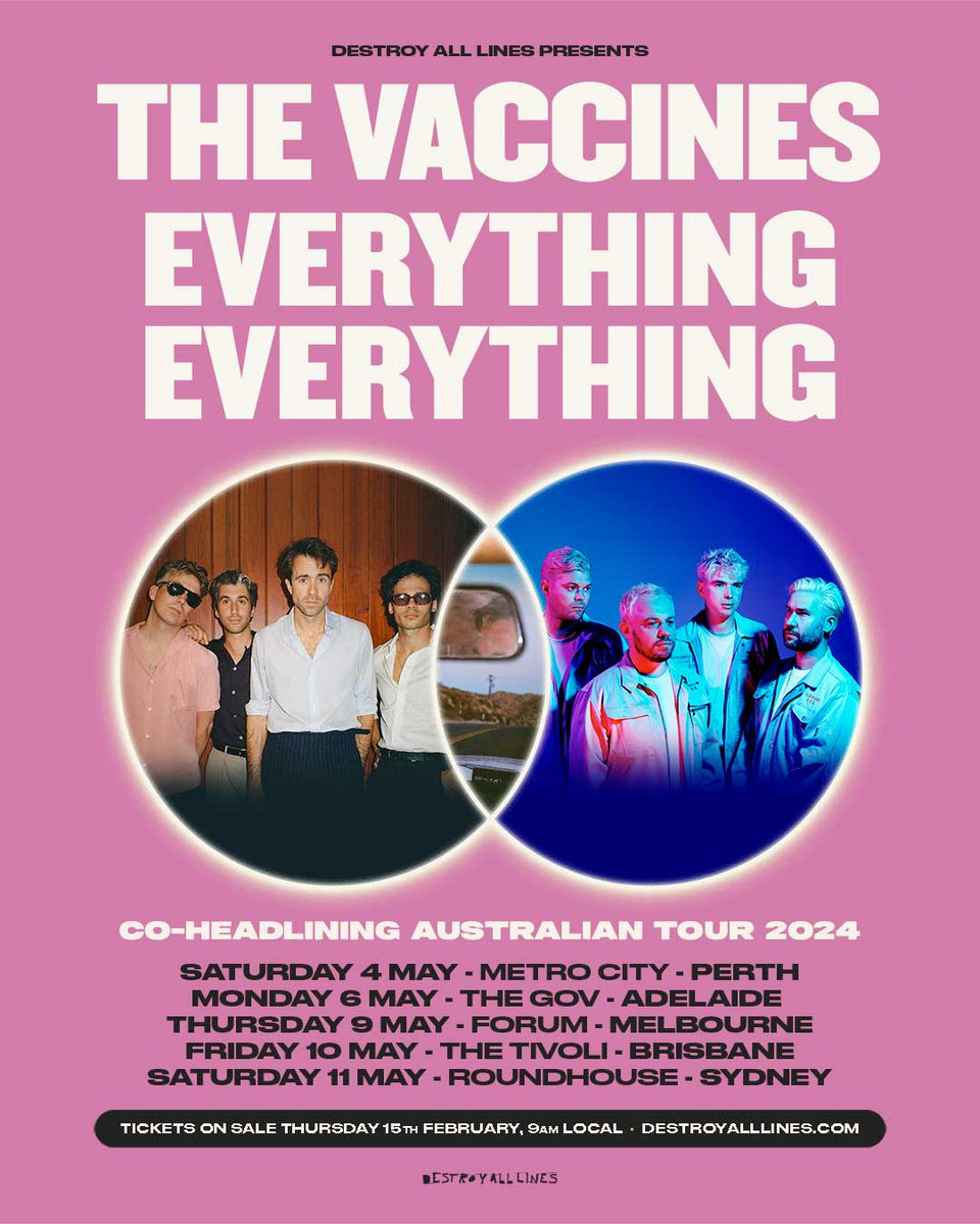 thevaccines's tweet image. 🇦🇺 australia!!!! It’s been over five years.
we can't wait to see you all this may for a co-headline tour with our friends @E_E_  ❤️

early bird presale begins tuesday 13th february - 9am local time
tickets on sale thursday 15th february - 9am local time
daltours.cc/eevac