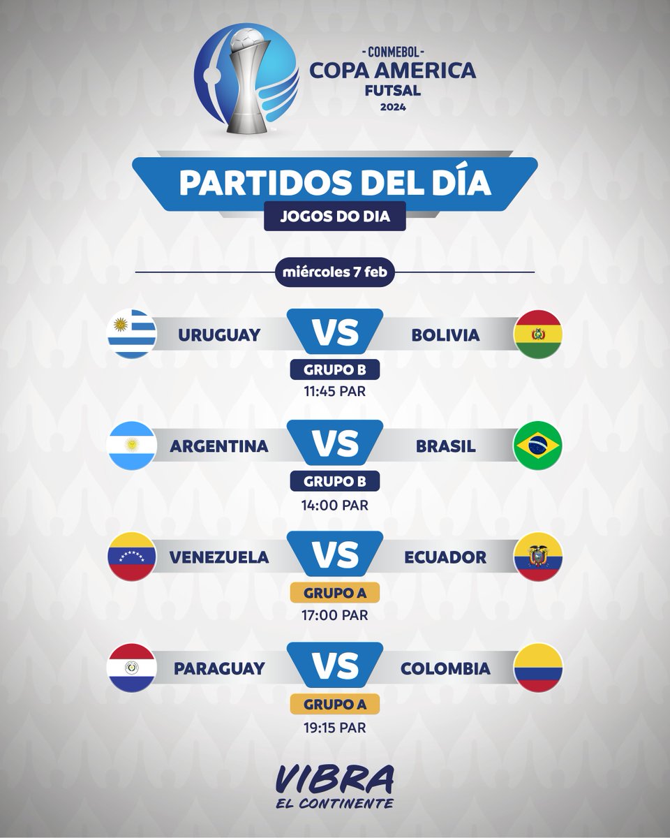 📆️ ¡Hoy se juega la Fecha 5️⃣ de la CONMEBOL #CopaAmérica™️ Futsal 2024! 🏆⁣
⁣
🗓️ A CONMEBOL #CAFutsal 2024 continua hoje!

#VibraElContinente #VibraOcontinente