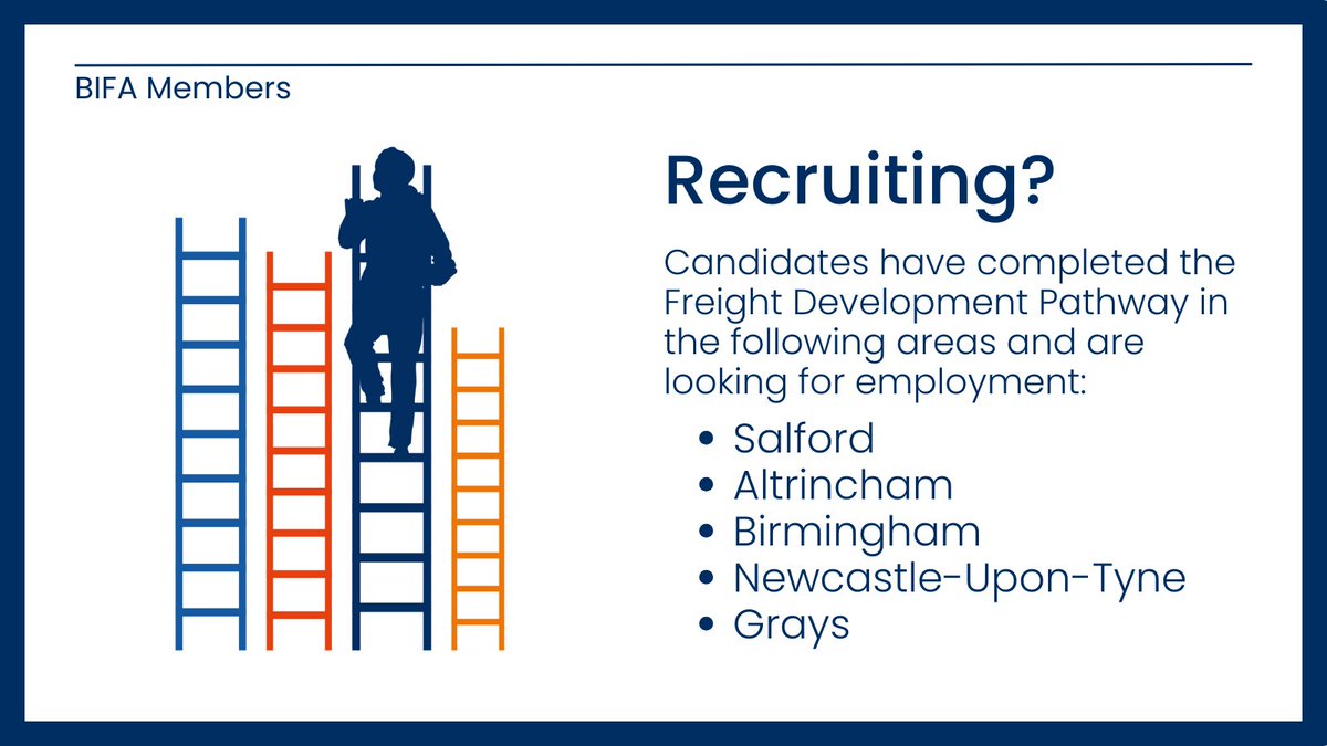 📣 #BIFA Members: Are you recruiting entry level staff?

Candidates who have completed the Freight Development Pathway (FDP) programme are available in the following areas. 

Please contact Mat Beecham Manpower if you can give someone a career in logistics!
