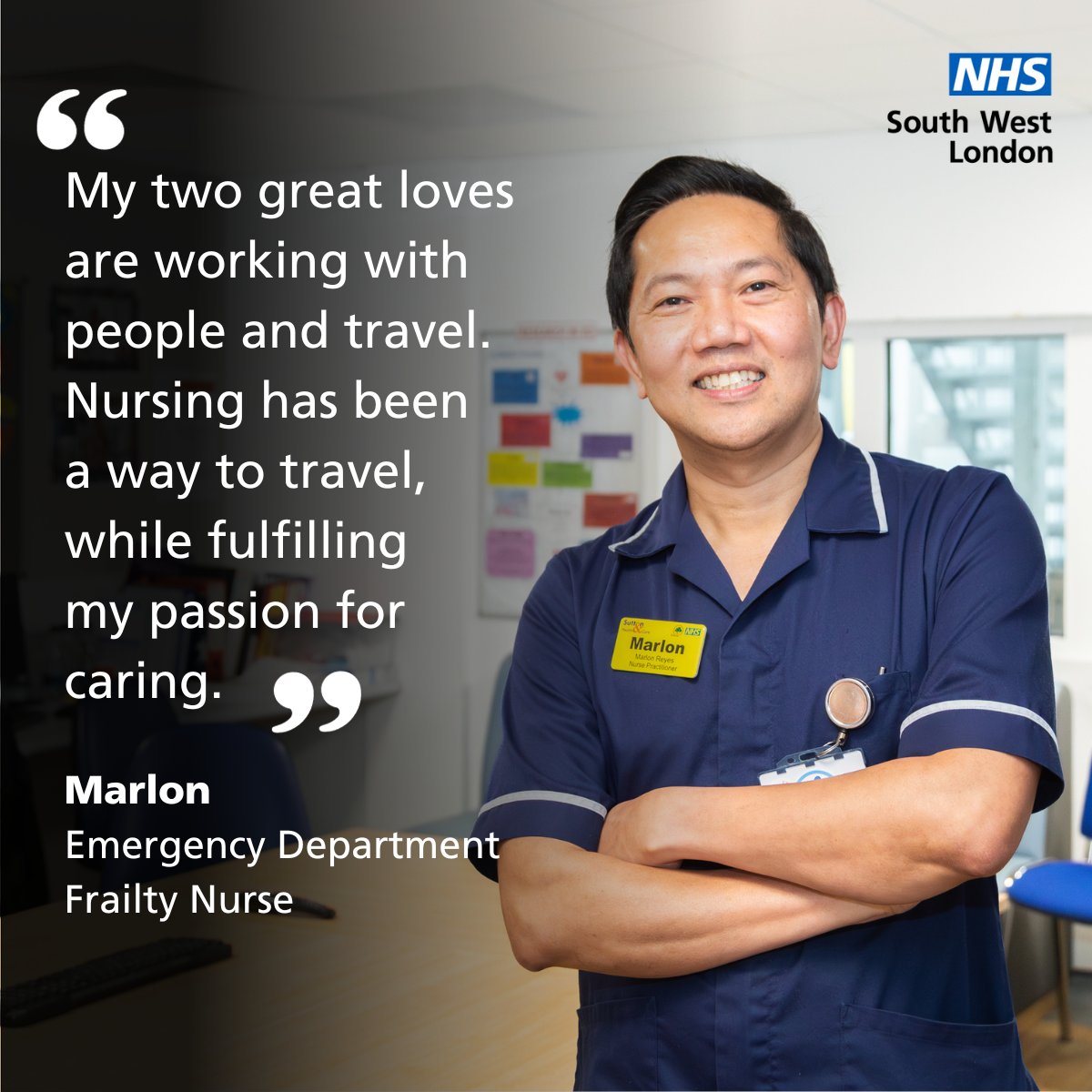 SWLNHS's tweet photo. Thousands of NHS staff like Marlon are working hard to ease pressure on hospitals and get people home with the right support in place. Find out what he loves about his role as a Frailty Nurse at @epsom_sthelier: https://t.co/0UlMeN7xyW #TeamSWLNHS https://t.co/gCMabVYAsO