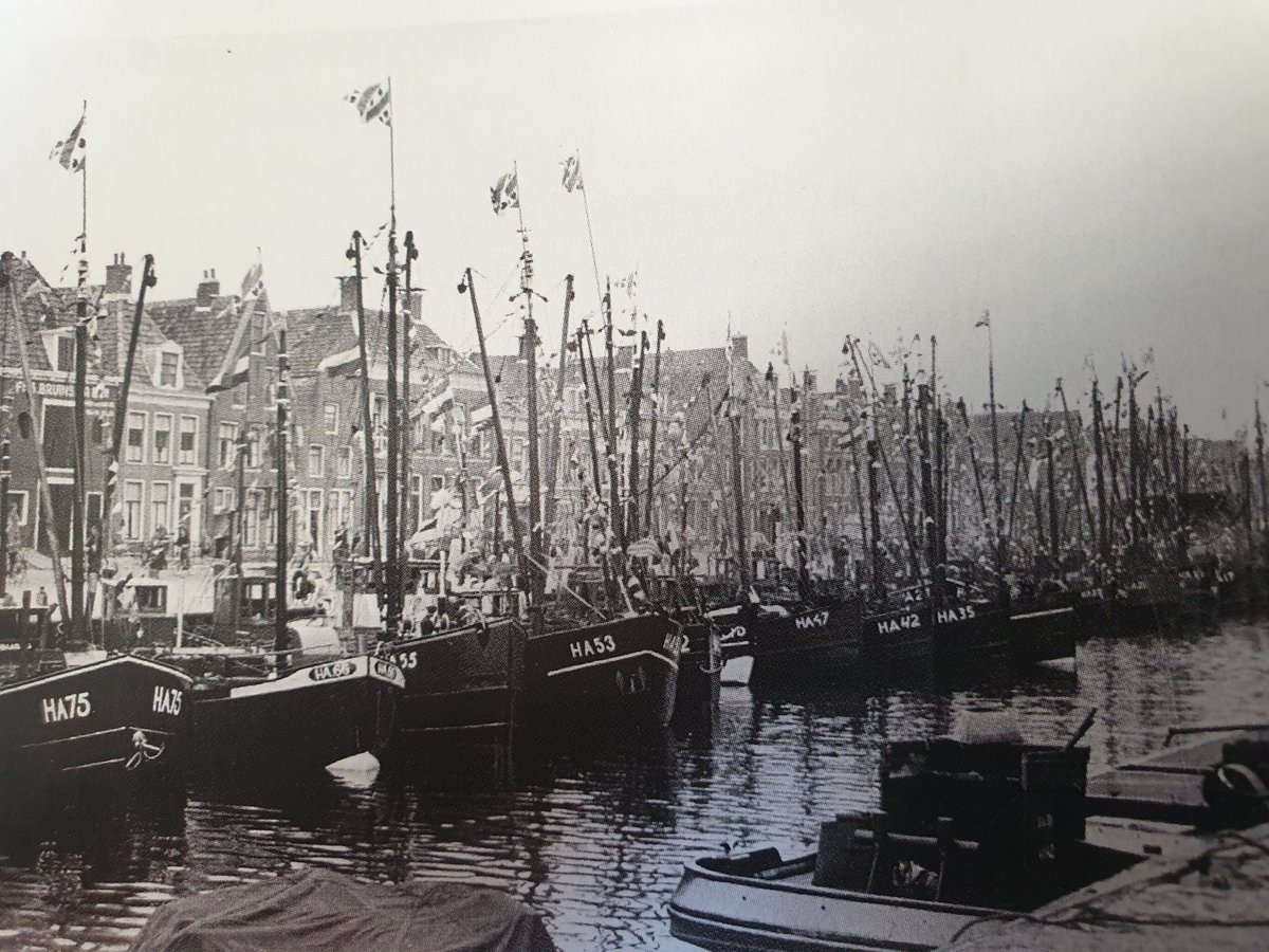 Foto van vroeger. Noorderhaven van Harlingen met een paar meer garnalenschepen dan de laatste 6 die Harlingen nu nog heeft