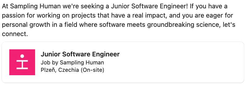 At <a href="/samplinghuman/">Sampling Human</a> we're seeking a Junior  Software Engineer! See samplinghuman.com/jobs/junior-so… for more details. Let's connect! #FutureOfHealth #TechForGood #JoinUs