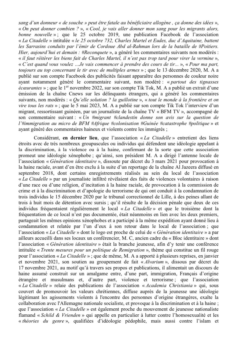 GDarmanin's tweet photo. Conformément aux instructions du Président de la République, l’association « La Citadelle » a été dissoute ce matin en conseil des ministres. Comme le détaille le décret que j’ai présenté, elle incite à la xénophobie, à la discrimination, à la haine et à la violence. Fermeté absolue contre les diffuseurs de haine.