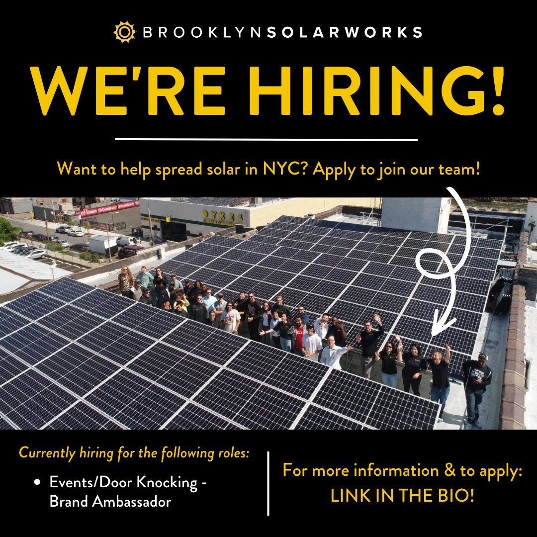 At BSW, we’re always looking for new faces to join our team! Link in the bio to learn more about our open positions and apply!

#GreenJobsBoard #GreenJobsNYC
#EnvironmentalJobs #SolarJobs #NYCForHire
#NYCJobs #BrooklynJobs #LocalBusiness #SolarPower
#SolarEnergy #NowHiring
