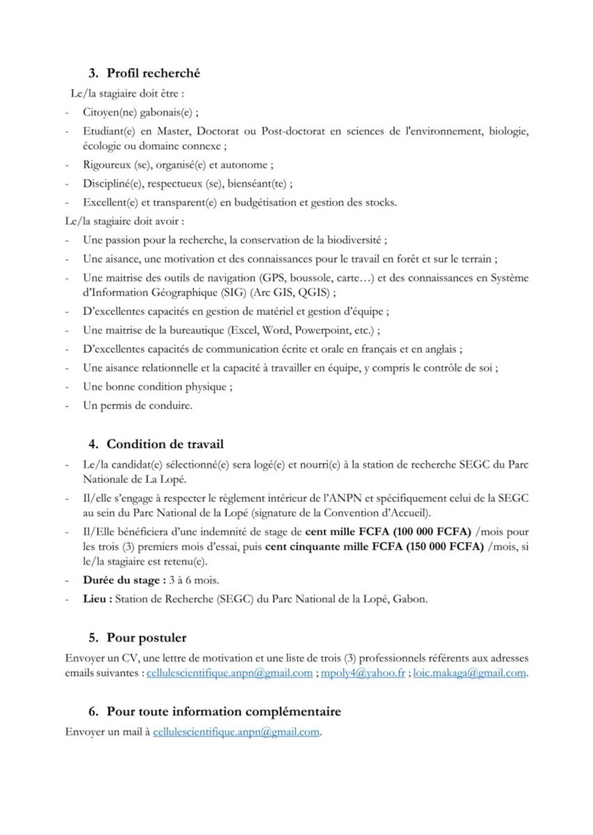 yeelrmp's tweet photo. #Emploi241 

Opportunité de stage rémunéré au Parc National de la Lopé. 

Réservé exclusivement aux nationaux. https://t.co/hj0XyNwvYE