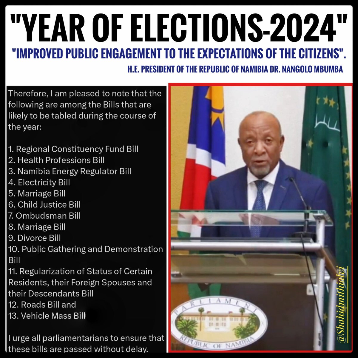 شاہد محمود مٹھیالوی (@shahidmithialvi) on Twitter photo "2024 to be the Year of Expectations. This is also the Year of Elections(November)" H.E. Dr Nangolo Mbumba, President of the Republic of Namibia, addressed the Occasion of the Official Opening of the 9th Session of the 7th Parliament, 6 February 2024, Windhoek.<a href="/NamPresidency/">Namibian Presidency</a> "2024 to be the Year of Expectations. This is also the Year of Elections(November)" H.E. Dr Nangolo Mbumba, President of the Republic of Namibia, addressed the Occasion of the Official Opening of the 9th Session of the 7th Parliament, 6 February 2024, Windhoek.<a href="/NamPresidency/">Namibian Presidency</a>
