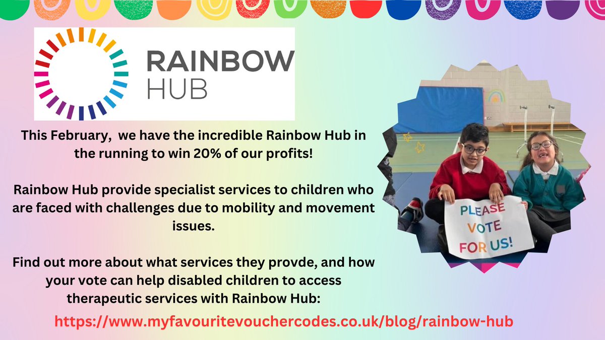 Introducing the first of four amazing charities taking part in the charity poll this month: @rainbowhubnw! They offer therapeutic & life-skills services to children with physical & neurological issues. Discover more about them and how your vote counts at: myfavouritevouchercodes.co.uk/blog/rainbow-h…
