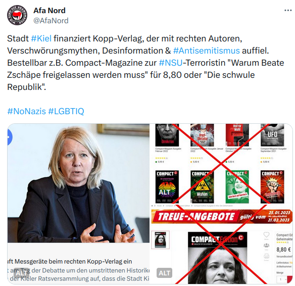 AfaNord's tweet image. 2023 bestätigte die Stadt #Kiel, den extrem rechten  #Kopp-Verlag aus Steuermitteln zu finanzieren. Die Angebotspalette an verschwörungsideologischer, neonazistischer und antisemitische Literatur sei für die Stadt kein Auschlussgrund nach dem Vergaberecht.

#NoNazis #Brandmauer