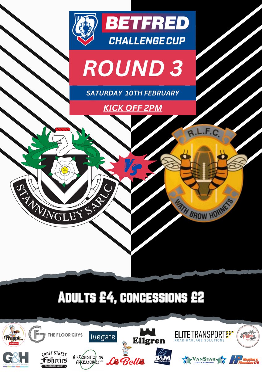 StanningleyRLC's tweet photo. ⚪️⚫️@StanningleyRLC vs @WathBrowHornets🟡⚫️
🏆 Challenge Cup, Round 3
🏟️ Arthur Miller Stadium, LS13 1PA
🕑 Saturday 10th February, 2:00PM KO
🎟️ Adults £4, Concessions £2

Unfortunately no programme for this game.
Teams sheets available on admission through club

#WhateverItTakes https://t.co/H78FIJlzf7