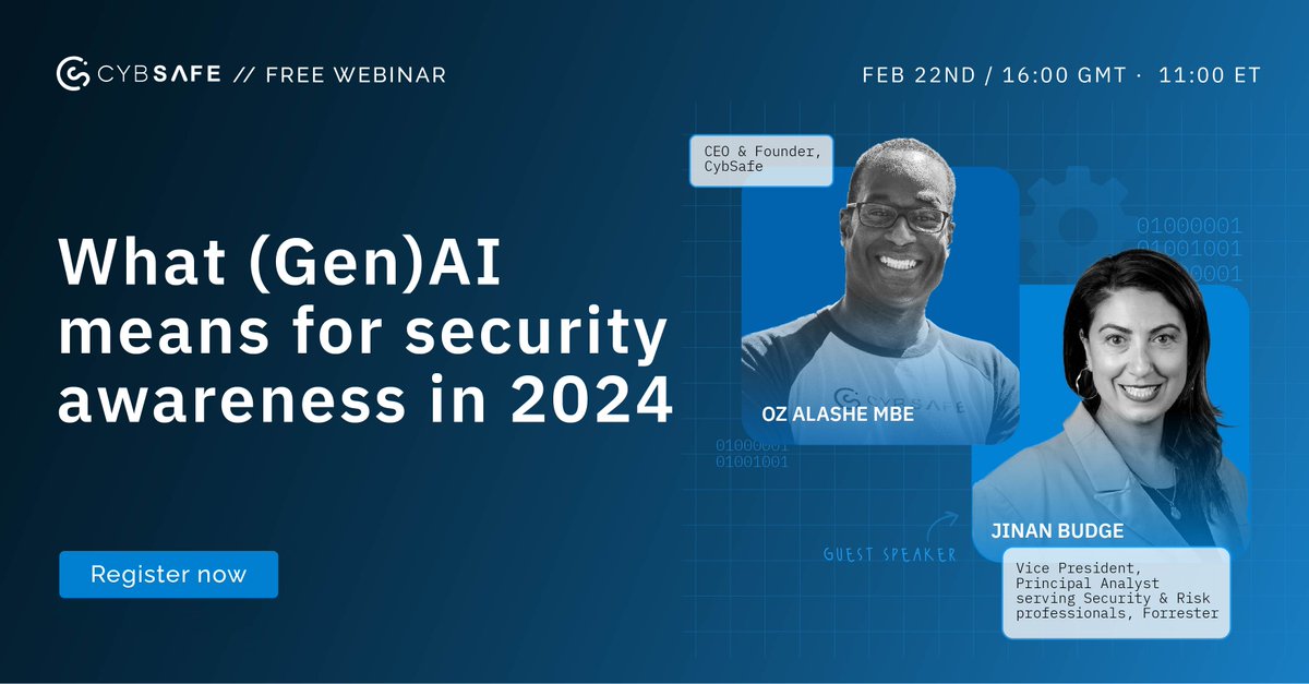NEW WEBINAR: What #GenAI means for #SecurityAwareness in 2024 #GenerativeAI is more than content creation and #LLM training. A *lot* more. 😳 Join us on Feb 22nd 2024 (1600 GMT / 1100 EST) for the conversation you cannot afford to miss. Register: cybsafe.me/497JhSM